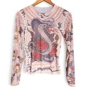 Vintage Y2K snake and devil tattoo print shirt - Size Medium